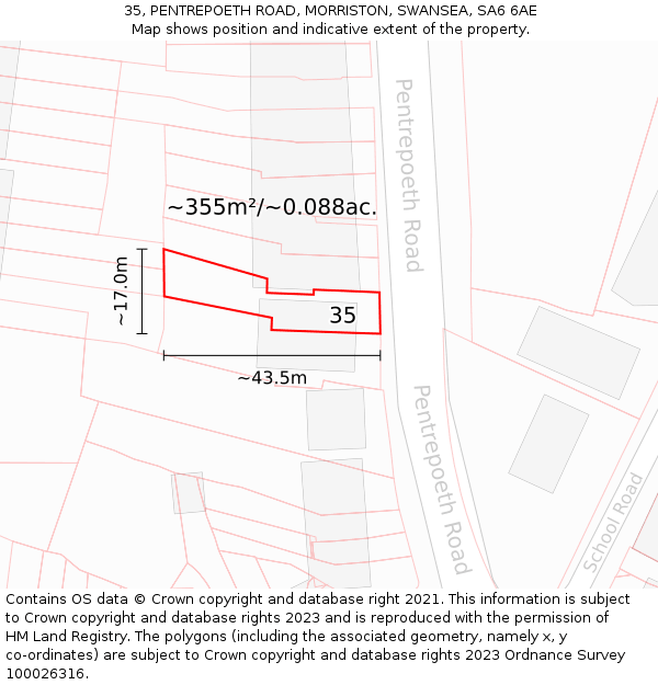 35, PENTREPOETH ROAD, MORRISTON, SWANSEA, SA6 6AE: Plot and title map