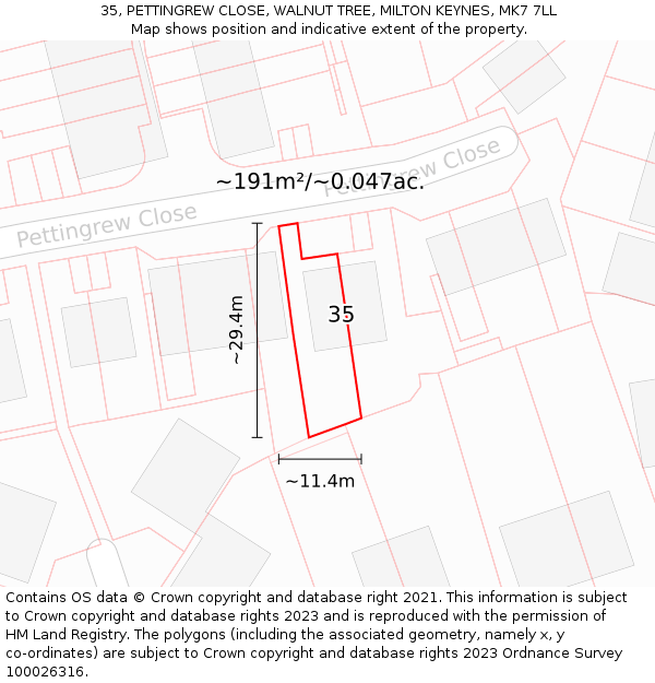 35, PETTINGREW CLOSE, WALNUT TREE, MILTON KEYNES, MK7 7LL: Plot and title map