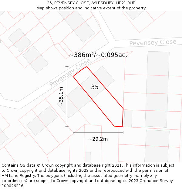 35, PEVENSEY CLOSE, AYLESBURY, HP21 9UB: Plot and title map