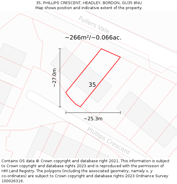 35, PHILLIPS CRESCENT, HEADLEY, BORDON, GU35 8NU: Plot and title map