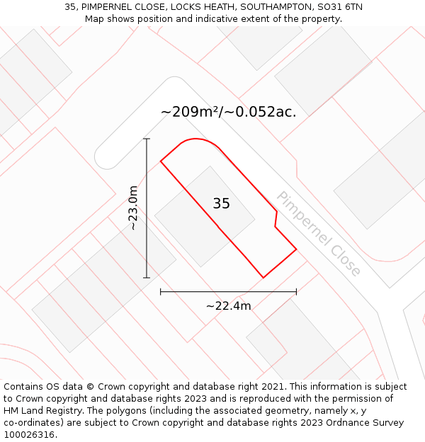 35, PIMPERNEL CLOSE, LOCKS HEATH, SOUTHAMPTON, SO31 6TN: Plot and title map
