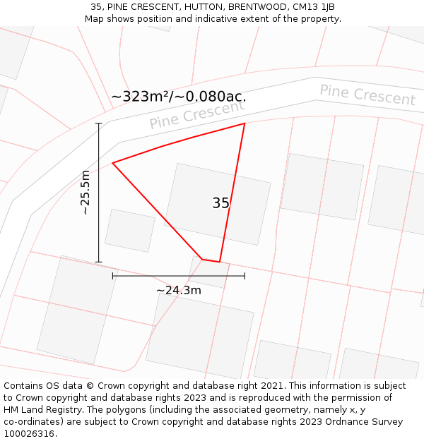 35, PINE CRESCENT, HUTTON, BRENTWOOD, CM13 1JB: Plot and title map