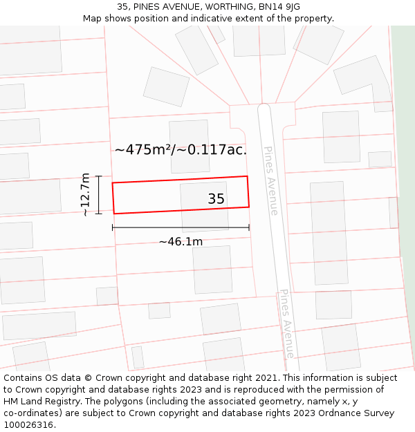35, PINES AVENUE, WORTHING, BN14 9JG: Plot and title map