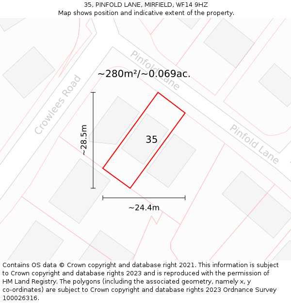 35, PINFOLD LANE, MIRFIELD, WF14 9HZ: Plot and title map