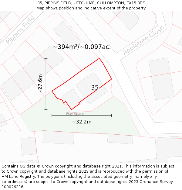 35, PIPPINS FIELD, UFFCULME, CULLOMPTON, EX15 3BS: Plot and title map