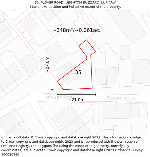 35, PLOVER ROAD, LEIGHTON BUZZARD, LU7 4AW: Plot and title map