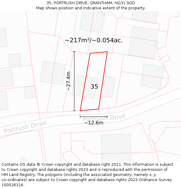 35, PORTRUSH DRIVE, GRANTHAM, NG31 9GD: Plot and title map