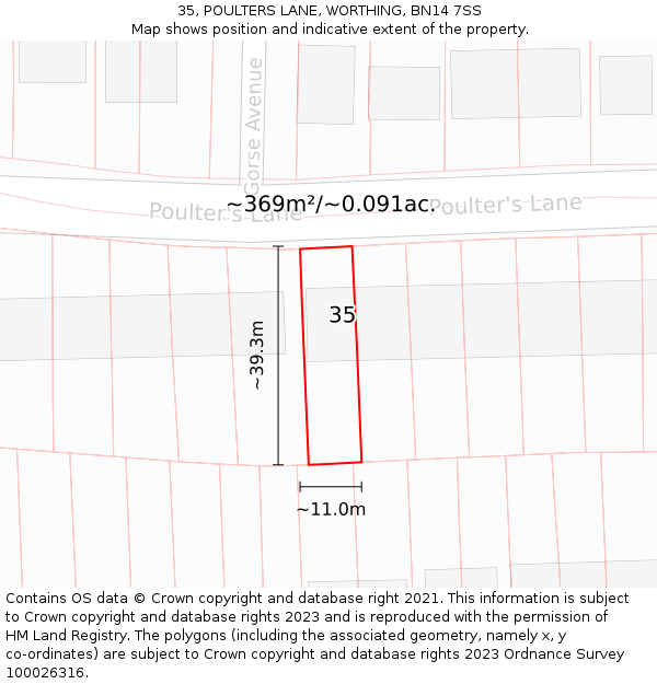 35, POULTERS LANE, WORTHING, BN14 7SS: Plot and title map