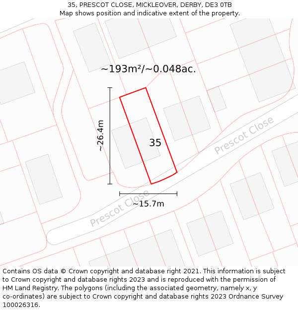 35, PRESCOT CLOSE, MICKLEOVER, DERBY, DE3 0TB: Plot and title map