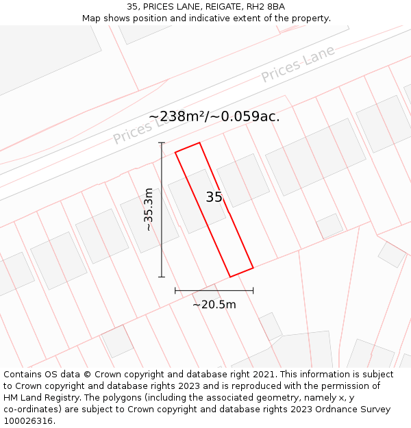35, PRICES LANE, REIGATE, RH2 8BA: Plot and title map