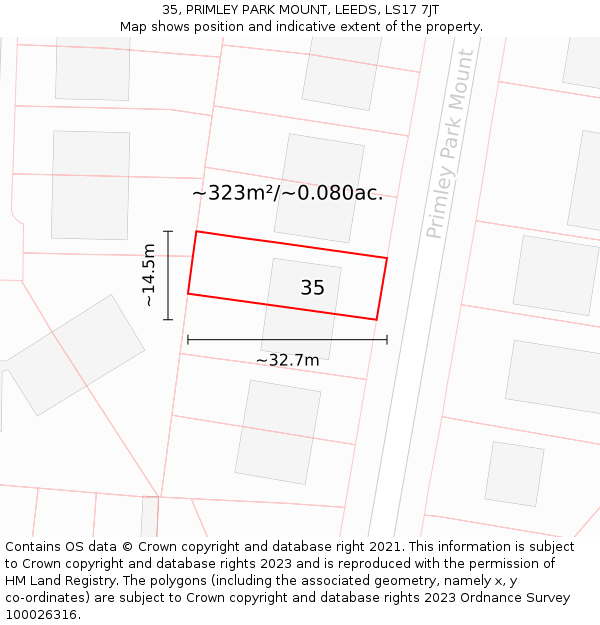 35, PRIMLEY PARK MOUNT, LEEDS, LS17 7JT: Plot and title map