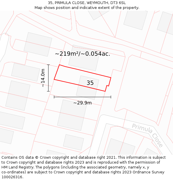 35, PRIMULA CLOSE, WEYMOUTH, DT3 6SL: Plot and title map
