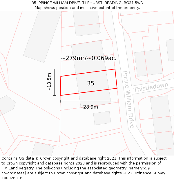 35, PRINCE WILLIAM DRIVE, TILEHURST, READING, RG31 5WD: Plot and title map