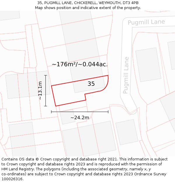 35, PUGMILL LANE, CHICKERELL, WEYMOUTH, DT3 4PB: Plot and title map