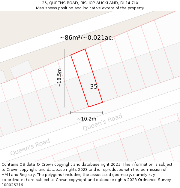 35, QUEENS ROAD, BISHOP AUCKLAND, DL14 7LX: Plot and title map