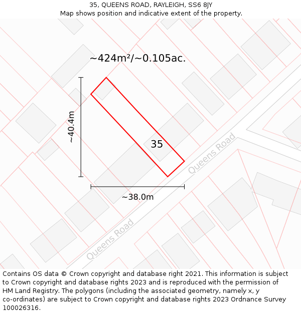 35, QUEENS ROAD, RAYLEIGH, SS6 8JY: Plot and title map