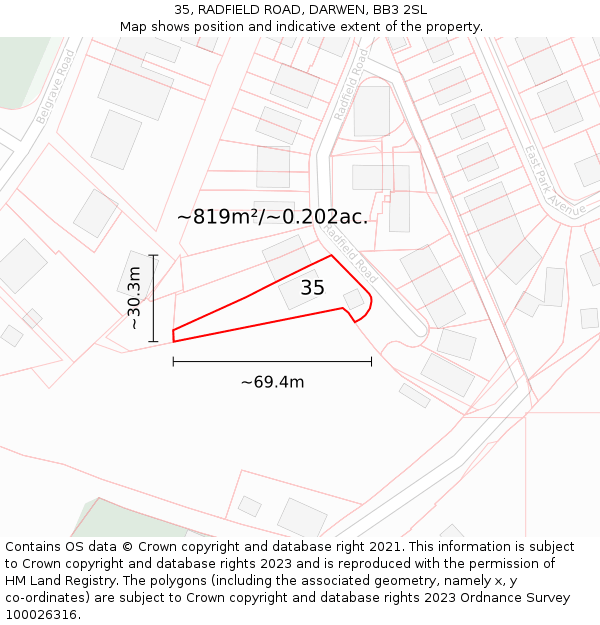 35, RADFIELD ROAD, DARWEN, BB3 2SL: Plot and title map