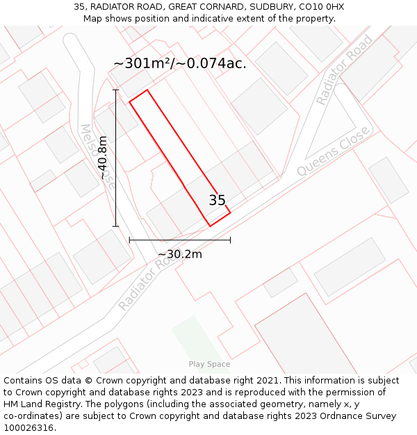 35, RADIATOR ROAD, GREAT CORNARD, SUDBURY, CO10 0HX: Plot and title map