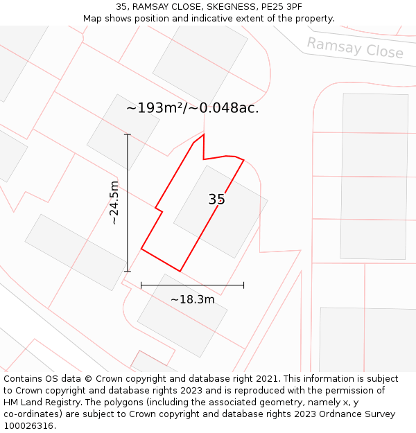35, RAMSAY CLOSE, SKEGNESS, PE25 3PF: Plot and title map