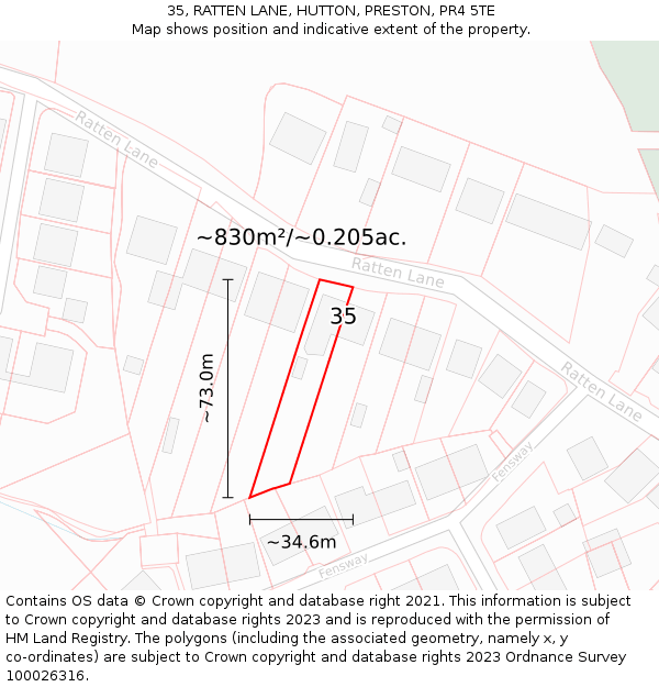 35, RATTEN LANE, HUTTON, PRESTON, PR4 5TE: Plot and title map