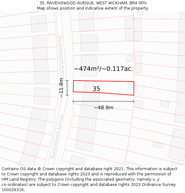 35, RAVENSWOOD AVENUE, WEST WICKHAM, BR4 0PN: Plot and title map