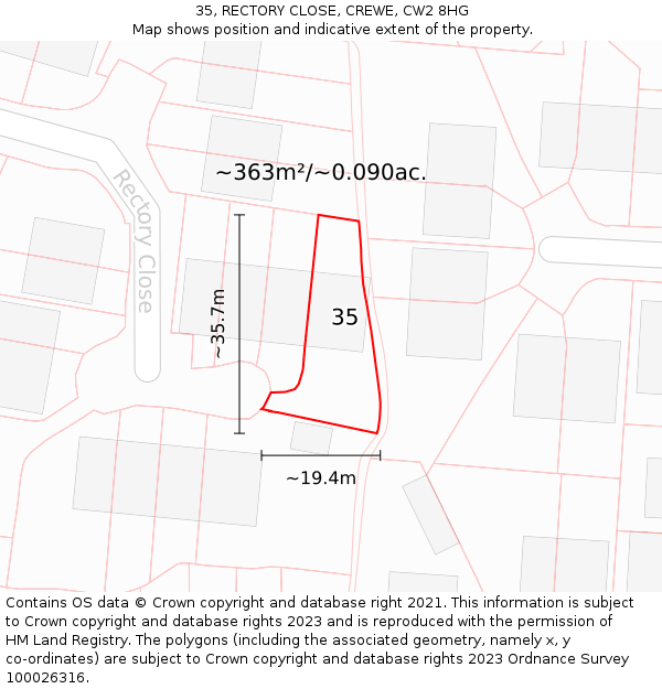 35, RECTORY CLOSE, CREWE, CW2 8HG: Plot and title map