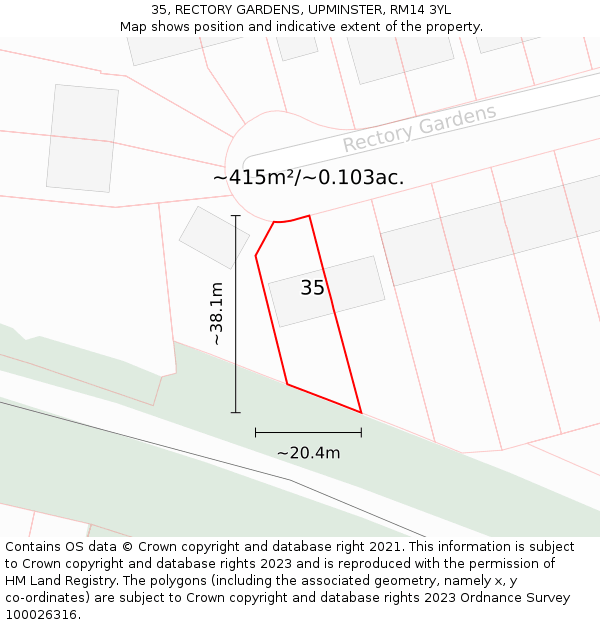 35, RECTORY GARDENS, UPMINSTER, RM14 3YL: Plot and title map