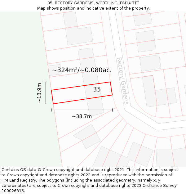 35, RECTORY GARDENS, WORTHING, BN14 7TE: Plot and title map