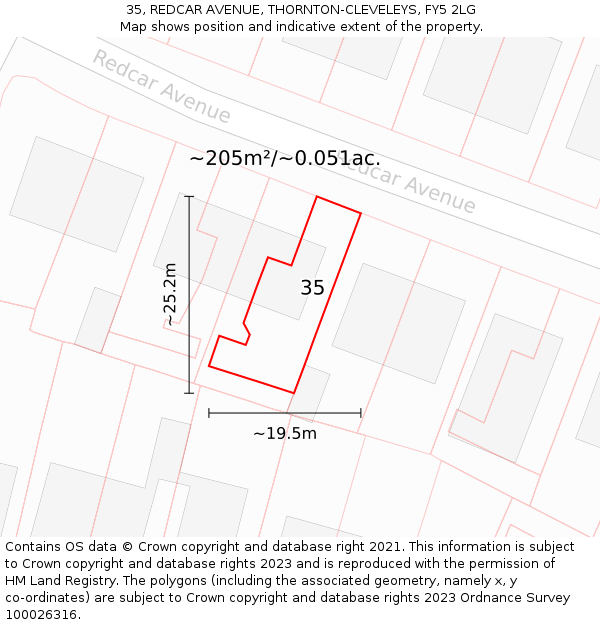 35, REDCAR AVENUE, THORNTON-CLEVELEYS, FY5 2LG: Plot and title map