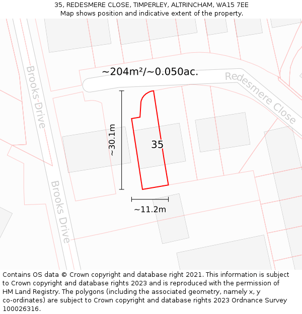 35, REDESMERE CLOSE, TIMPERLEY, ALTRINCHAM, WA15 7EE: Plot and title map