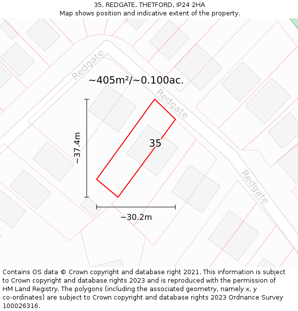 35, REDGATE, THETFORD, IP24 2HA: Plot and title map