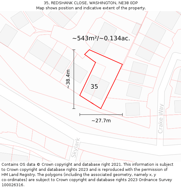 35, REDSHANK CLOSE, WASHINGTON, NE38 0DP: Plot and title map