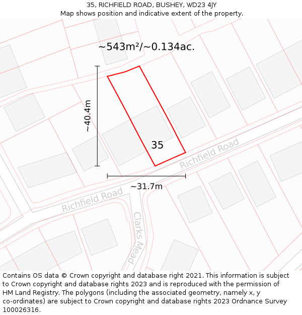 35, RICHFIELD ROAD, BUSHEY, WD23 4JY: Plot and title map