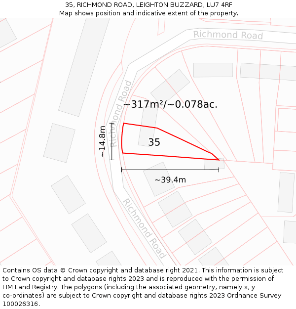 35, RICHMOND ROAD, LEIGHTON BUZZARD, LU7 4RF: Plot and title map