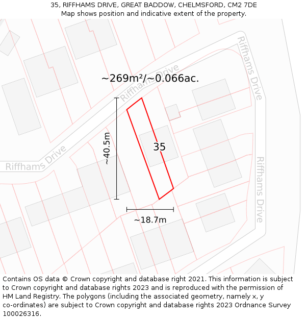 35, RIFFHAMS DRIVE, GREAT BADDOW, CHELMSFORD, CM2 7DE: Plot and title map
