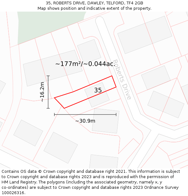 35, ROBERTS DRIVE, DAWLEY, TELFORD, TF4 2GB: Plot and title map