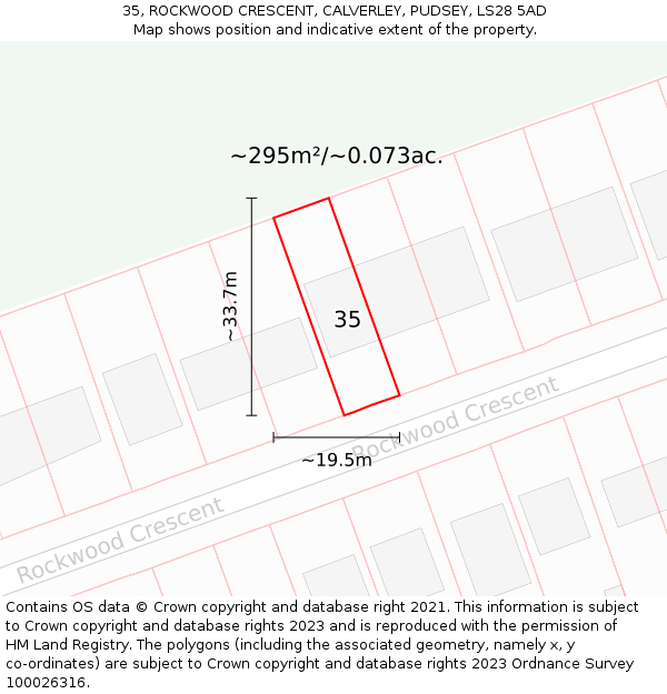 35, ROCKWOOD CRESCENT, CALVERLEY, PUDSEY, LS28 5AD: Plot and title map