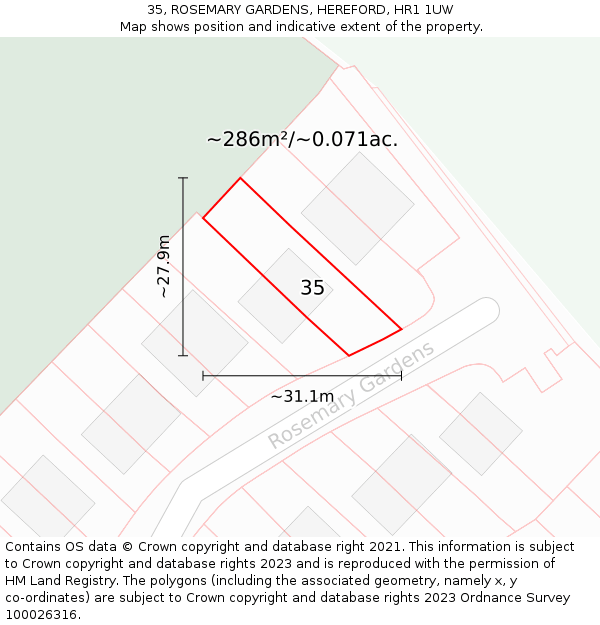 35, ROSEMARY GARDENS, HEREFORD, HR1 1UW: Plot and title map