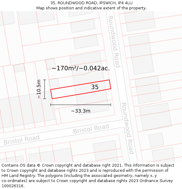 35, ROUNDWOOD ROAD, IPSWICH, IP4 4LU: Plot and title map