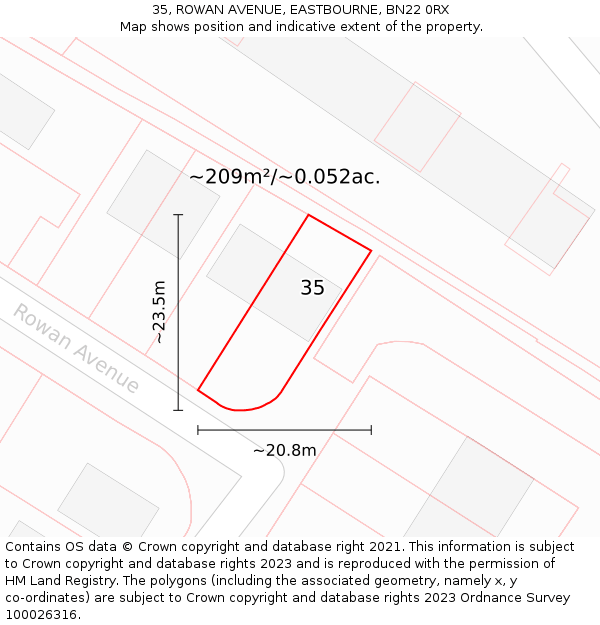 35, ROWAN AVENUE, EASTBOURNE, BN22 0RX: Plot and title map