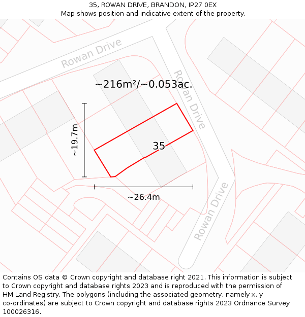 35, ROWAN DRIVE, BRANDON, IP27 0EX: Plot and title map