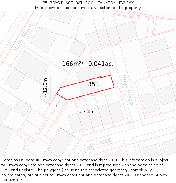35, ROYS PLACE, BATHPOOL, TAUNTON, TA2 8AX: Plot and title map