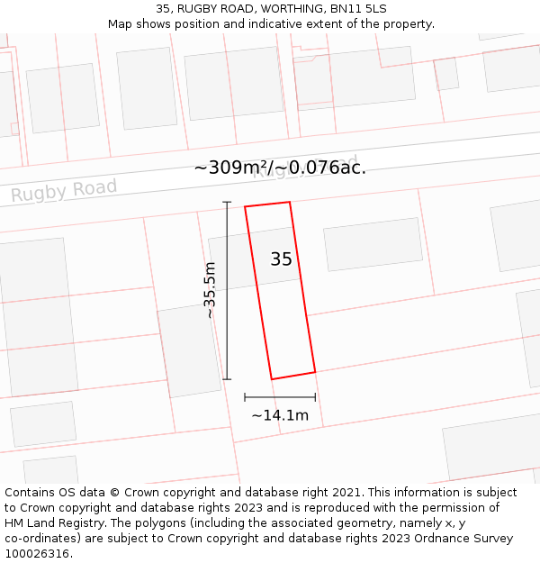 35, RUGBY ROAD, WORTHING, BN11 5LS: Plot and title map