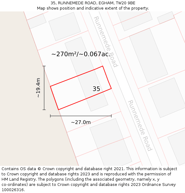 35, RUNNEMEDE ROAD, EGHAM, TW20 9BE: Plot and title map