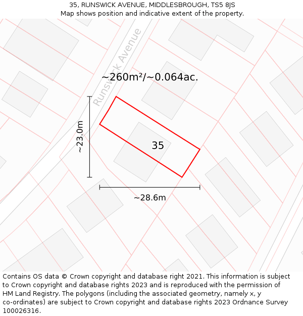 35, RUNSWICK AVENUE, MIDDLESBROUGH, TS5 8JS: Plot and title map