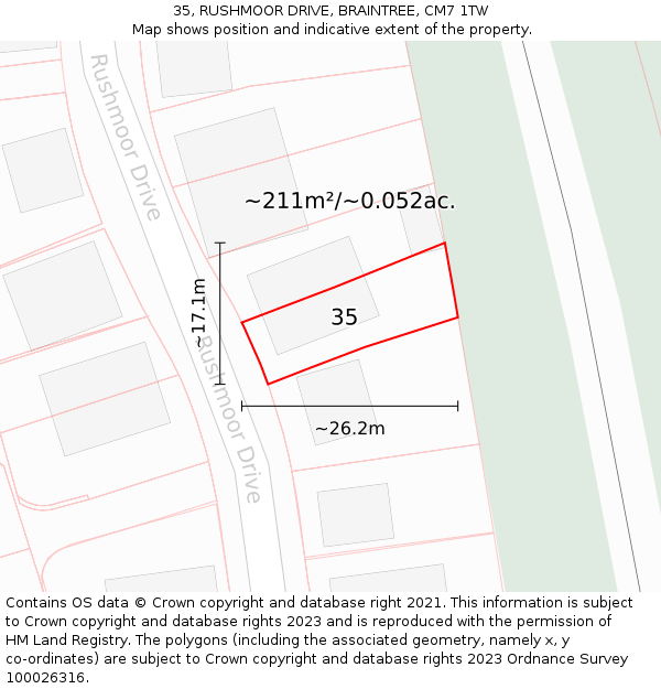 35, RUSHMOOR DRIVE, BRAINTREE, CM7 1TW: Plot and title map