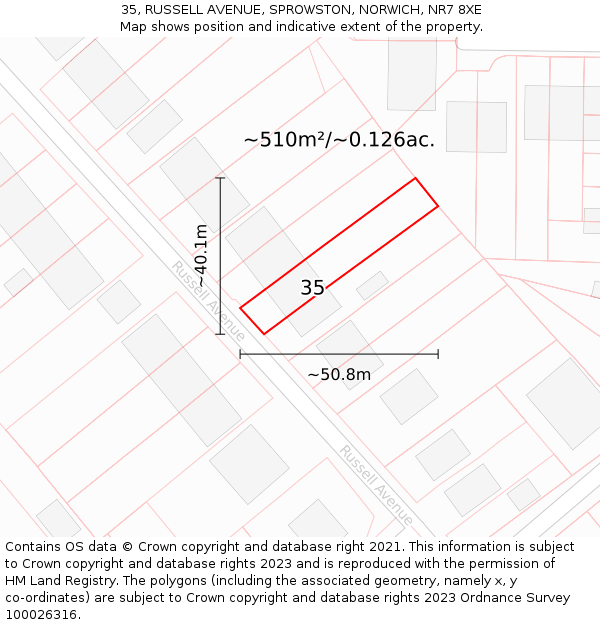 35, RUSSELL AVENUE, SPROWSTON, NORWICH, NR7 8XE: Plot and title map