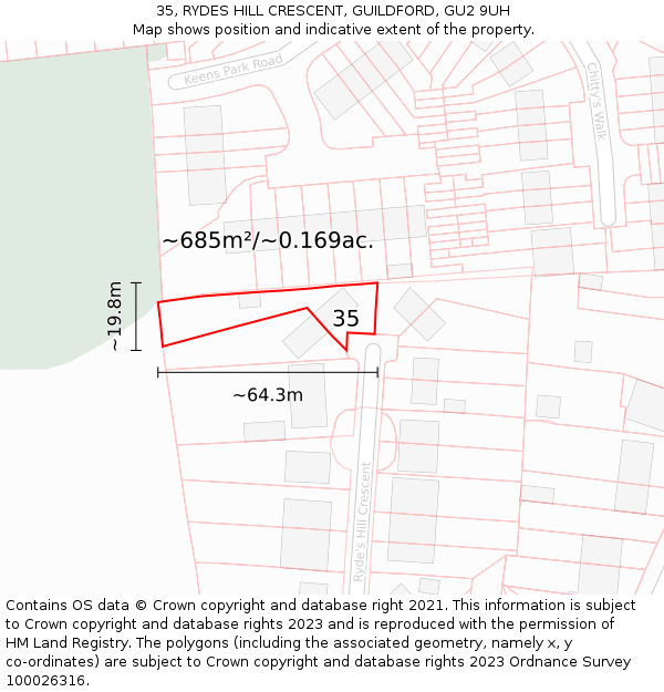 35, RYDES HILL CRESCENT, GUILDFORD, GU2 9UH: Plot and title map