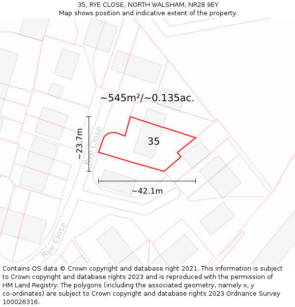 35, RYE CLOSE, NORTH WALSHAM, NR28 9EY: Plot and title map