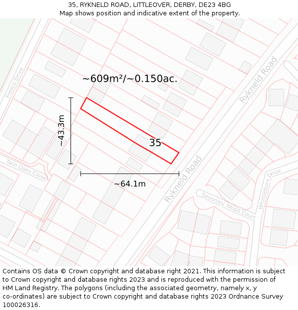 35, RYKNELD ROAD, LITTLEOVER, DERBY, DE23 4BG: Plot and title map